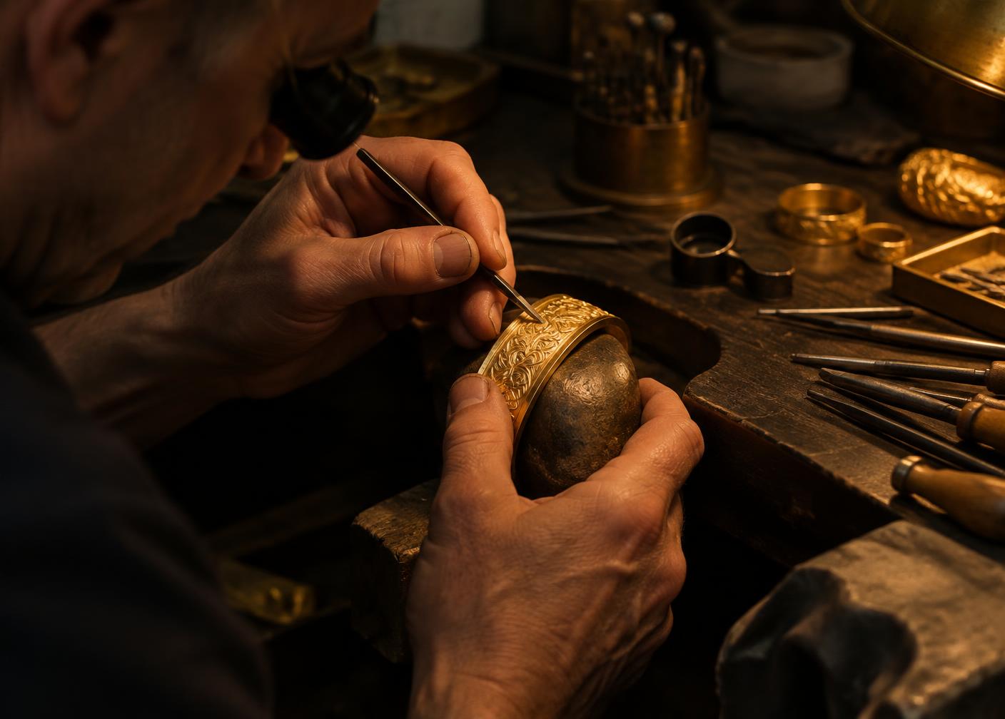 Veli Gold Jewelry atölyesinde altın bir bilekliğe gravür işleyen usta